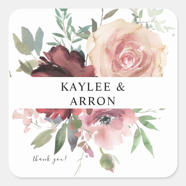 Burgundy & Dusty Blush Pink Floral Thank You 2 Square Sticker (Front)