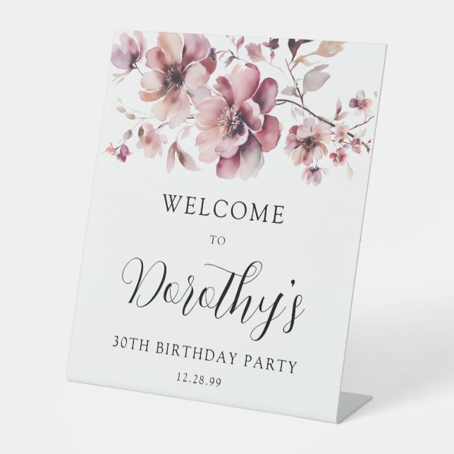 Burgundy Dusty Pink Floral 30th Birthday Welcome  Pedestal Sign (Front)