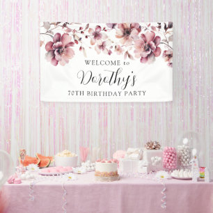 Burgundy Dusty Pink Floral 70th Birthday Welcome Banner