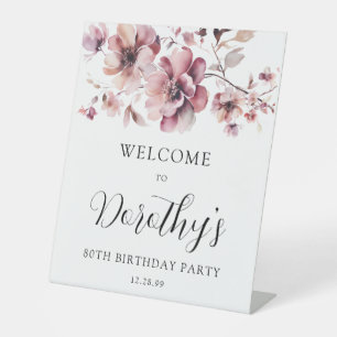 Burgundy Dusty Pink Floral 80th Birthday Welcome Pedestal Sign