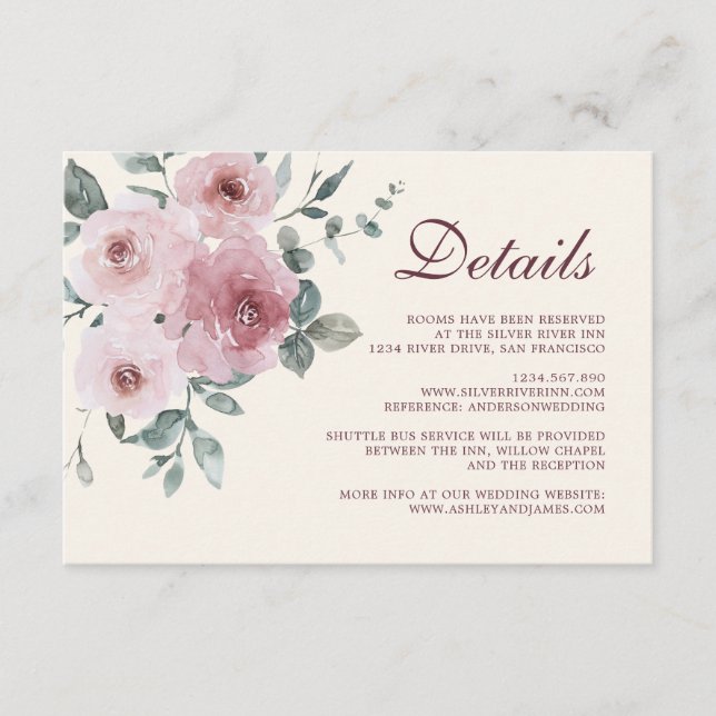 Burgundy Dusty Pink Floral Wedding Details Enclosu Enclosure Card (Front)