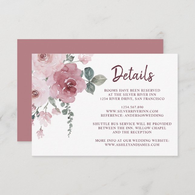 Burgundy Dusty Pink Floral Wedding Details Enclosure Card (Front/Back)