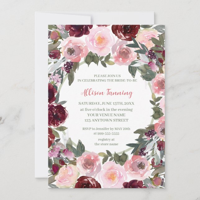 Burgundy Dusty Pink Rose Watercolor Bridal Shower  Invitation (Front)