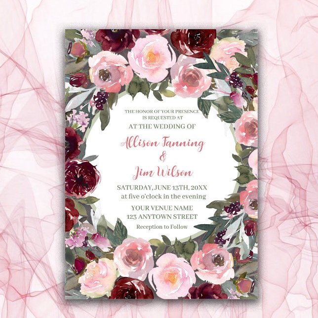 Burgundy Dusty Pink Rose Watercolor Wedding Invitation (Creator Uploaded)