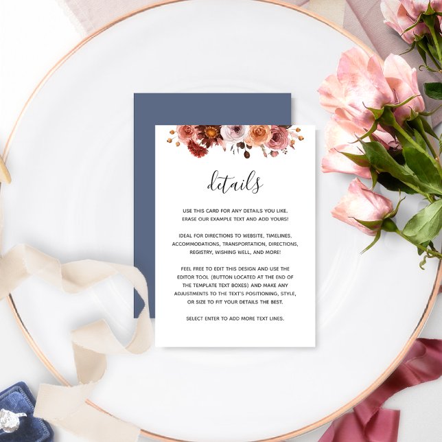 Burgundy, Dusty Rose Floral Blue Wedding Details Enclosure Card (Creator Uploaded)