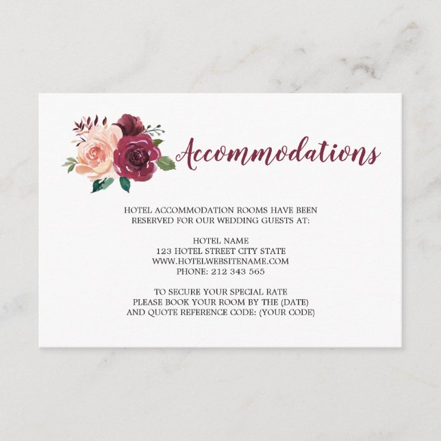 Burgundy Dusty Rose Floral Wedding Accommodations Enclosure Card (Front)