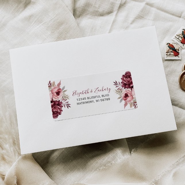 Burgundy Dusty Rose Floral Wedding RSVP Address Label (Creator Uploaded)