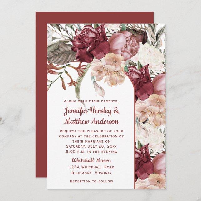 Burgundy Dusty Rose Ivory Peach Floral Wedding  In Invitation (Front/Back)