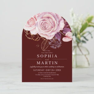 Burgundy & Dusty Roses Botanical Flower Wedding Invitation