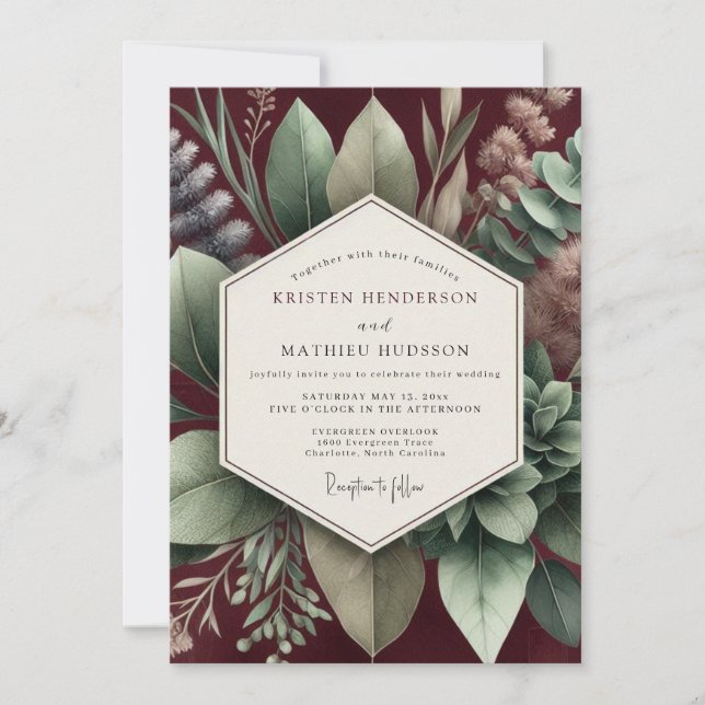 Burgundy Earthen Botanical Wedding Invitation (Front)
