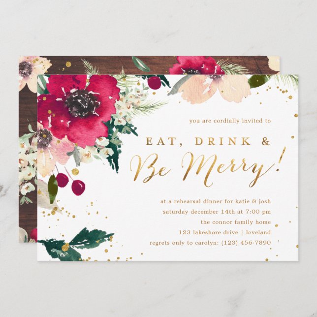 Burgundy "Eat Drink & Be Merry" Rehearsal Dinner Invitation (Front/Back)