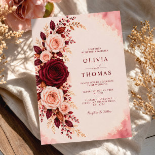 Burgundy Elegance Watercolor Rose Floral Wedding Invitation