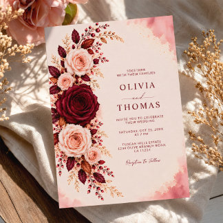 Burgundy Elegance Watercolor Rose Floral Wedding Invitation