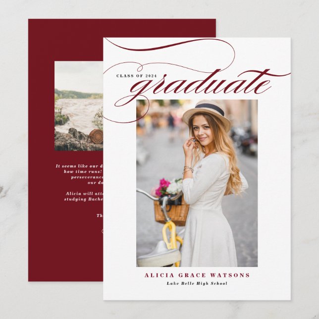 Burgundy Elegant Calligraphy Photo Graduation Announcement (Front/Back)