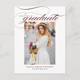 Burgundy Elegant Calligraphy Photo Graduation Invitation Postcard
