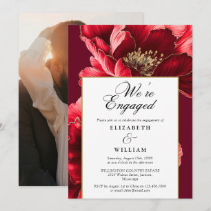 Burgundy Elegant Floral Engagement Party Photo Invitation