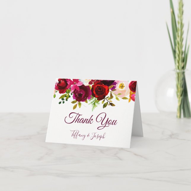 Burgundy Elegant Floral Garden Wedding Thank You Card (Front)
