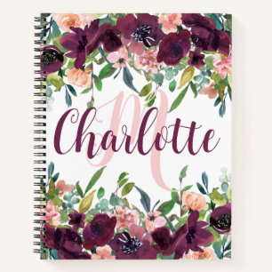 Burgundy elegant Floral Sketchbook Monogram Name Notebook