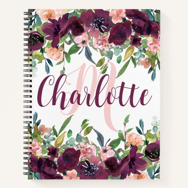 Burgundy elegant Floral Sketchbook Monogram Name Notebook (Front)