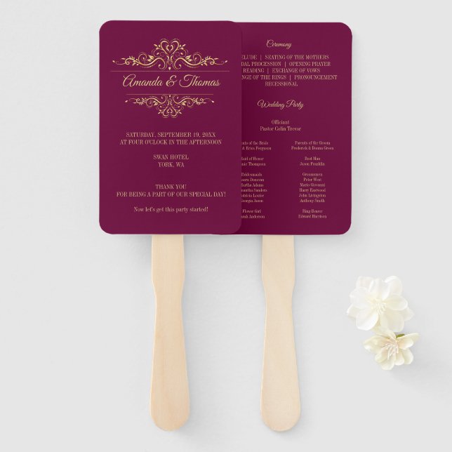 Burgundy Elegant Frame Stylish Wedding Program Hand Fan (Front and Back)