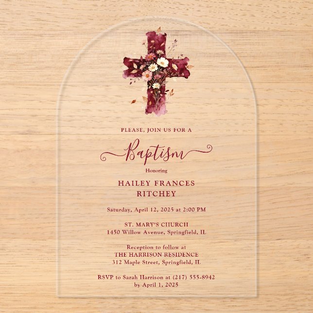Burgundy Elegant Glitter Floral Cross Baptism Acrylic Invitations (Front)