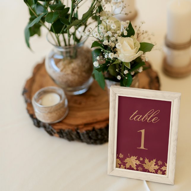 Burgundy Elegant Gold Fall Leaves Custom Wedding Table Number (Creator Uploaded)