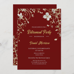Burgundy Elegant Gold Floral Frame Retirement 2025 Invitation