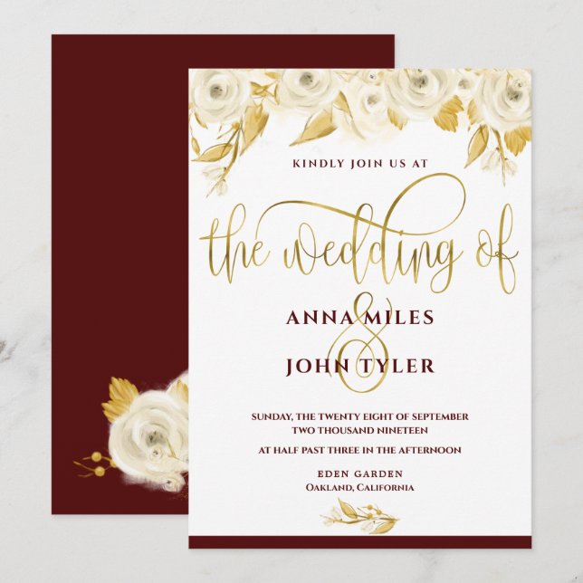 Burgundy Elegant Gold Typography Gold White Roses Invitation (Front/Back)