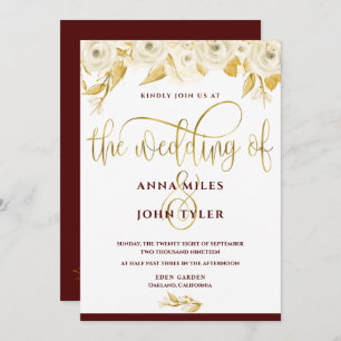 Burgundy Elegant Gold Typography Gold White Roses Invitation