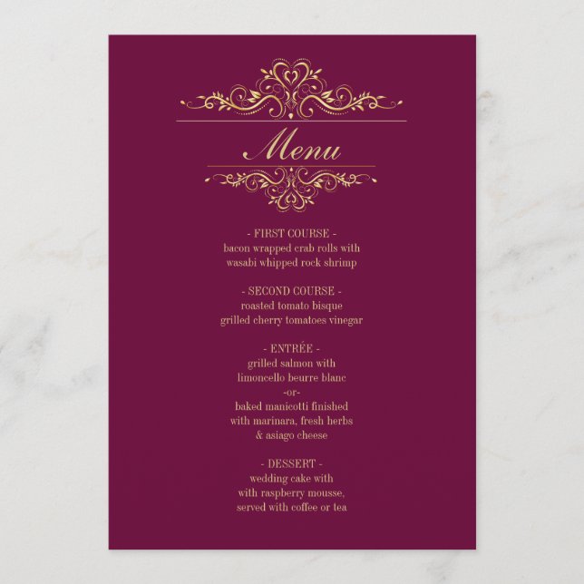 Burgundy elegant golden frame wedding menu (Front)