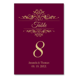 Burgundy elegant golden frame wedding table  number