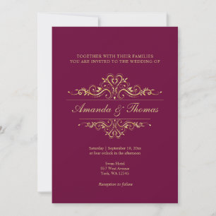 Burgundy elegant golden ornament wedding  invitation