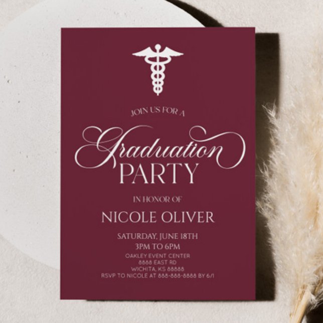 Burgundy Elegant Medical Caduceus Graduation Invitation (Creator Uploaded)