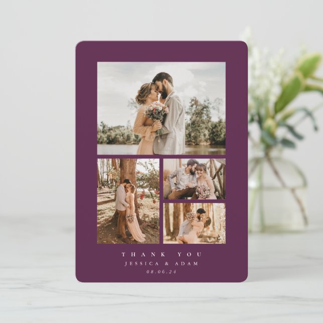 Burgundy Elegant Minimal 4 Photo Wedding Flat Thank You Card (Standing Front)