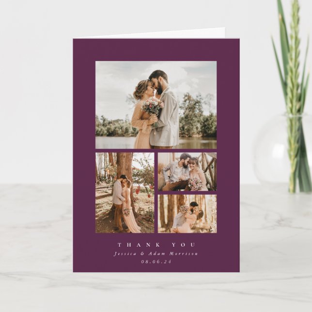 Burgundy Elegant Minimal 4 Photo Wedding Thank You Card (Front)