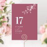 Burgundy Elegant, Minimal Botanical Wedding  Table Number<br><div class="desc">Guide your guests to their table with this elegant burgundy and white wedding table number card. Stylish and simple design with names to the side along with the "and" in modern handwritten calligraphy. Delicate hand-drawn botanical greenery corner detail. Please place an individual order for "each" table number (i.e. for an...</div>