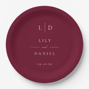 Burgundy Elegant Minimalist Monogram Wedding Paper Plate