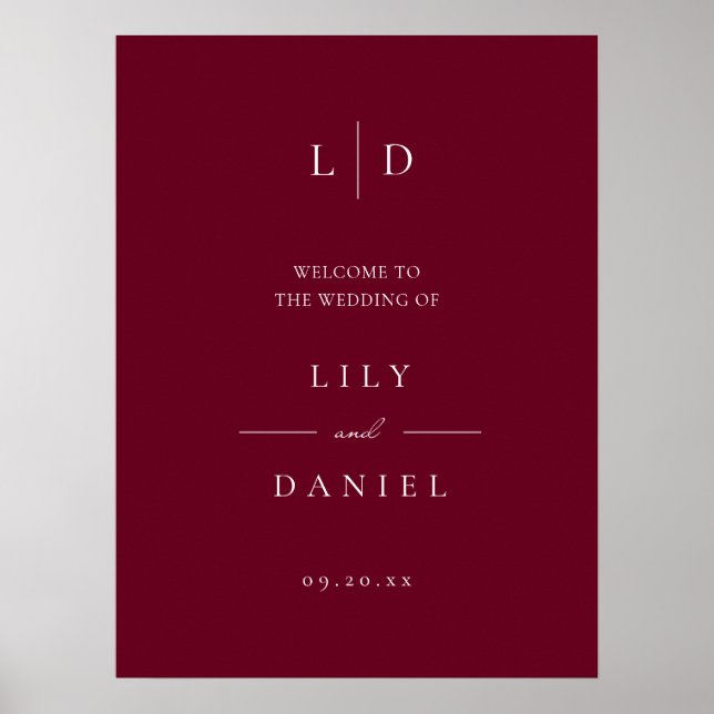 Burgundy Elegant Monogram Wedding Welcome Sign (Front)