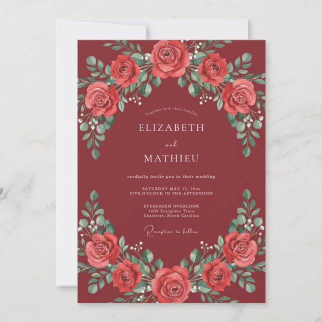 Burgundy Elegant Rose Wedding Invitation (Front)