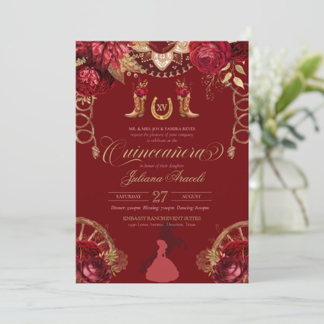 Burgundy Elegant Roses Red Gold Charro Quinceanera Invitation (Standing Front)