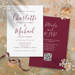 Burgundy Elegant Script QR Code Wedding Invitation<br><div class="desc">Featuring signature style names,  this elegant burgundy wedding invitation can be personalised with all your special wedding day information on the front and your wedding website details and QR code on the reverse. Designed by Thisisnotme©</div>