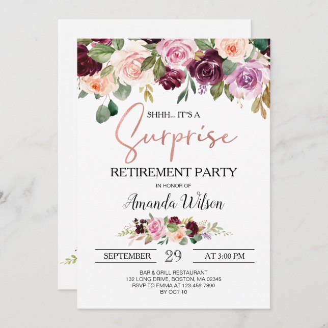 Burgundy Elegant Script Surprise Retirement Party  Invitation (Front/Back)