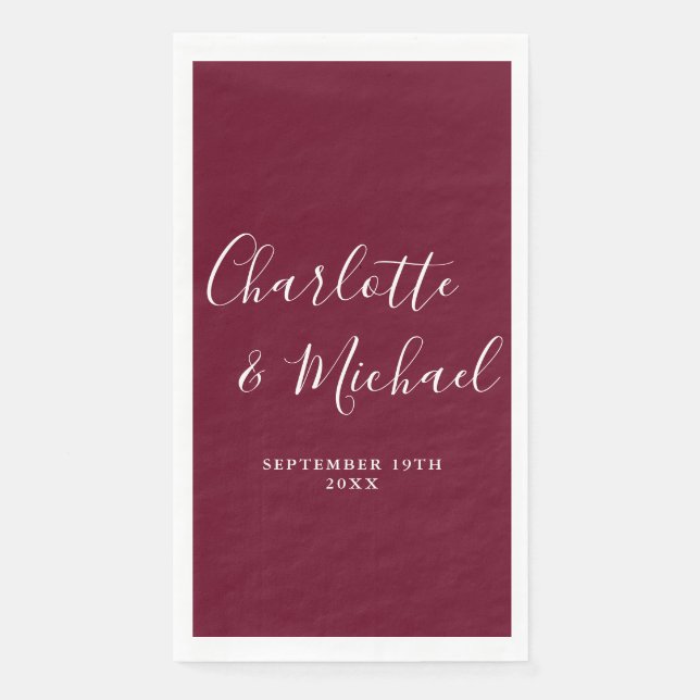 Burgundy Elegant Signature Script Wedding Napkin (Front)