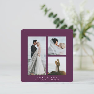 Burgundy Elegant Square Three Photo Wedding Thank You Card