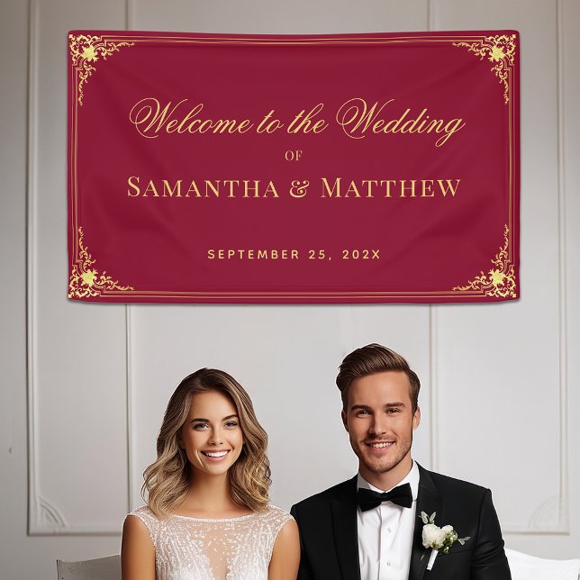 Burgundy Elegant Vintage Faux Gold Wedding Welcome Banner (Creator Uploaded)