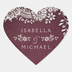 Burgundy elegant vintage lace rustic wedding favou heart sticker
