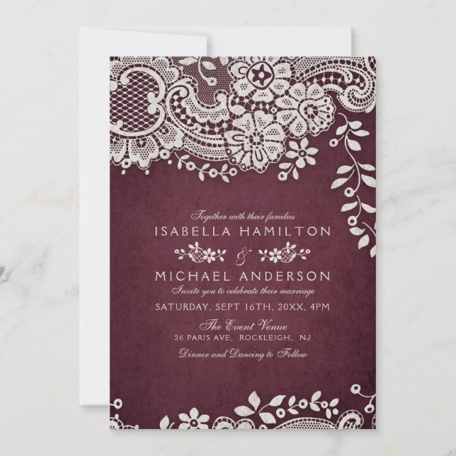 Burgundy elegant vintage lace rustic wedding invitation (Front)