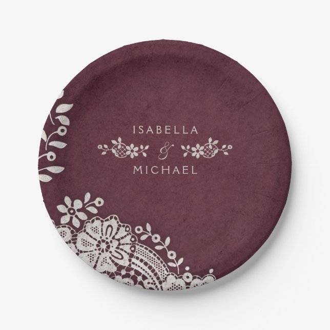 Burgundy elegant vintage lace rustic wedding paper plate (Front)