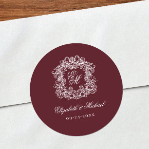 Burgundy Elegant Vintage Monogram Crest Wedding Classic Round Sticker