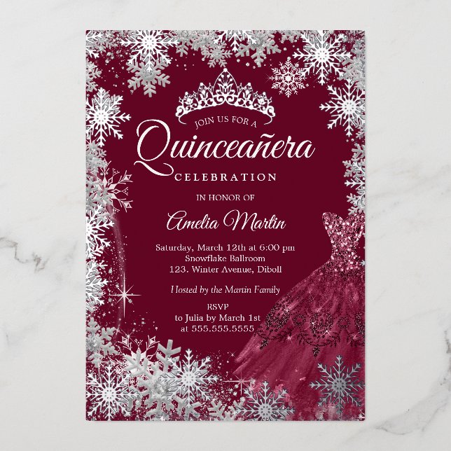 Burgundy Elegant Winter Snowflake Quinceanera (Front)